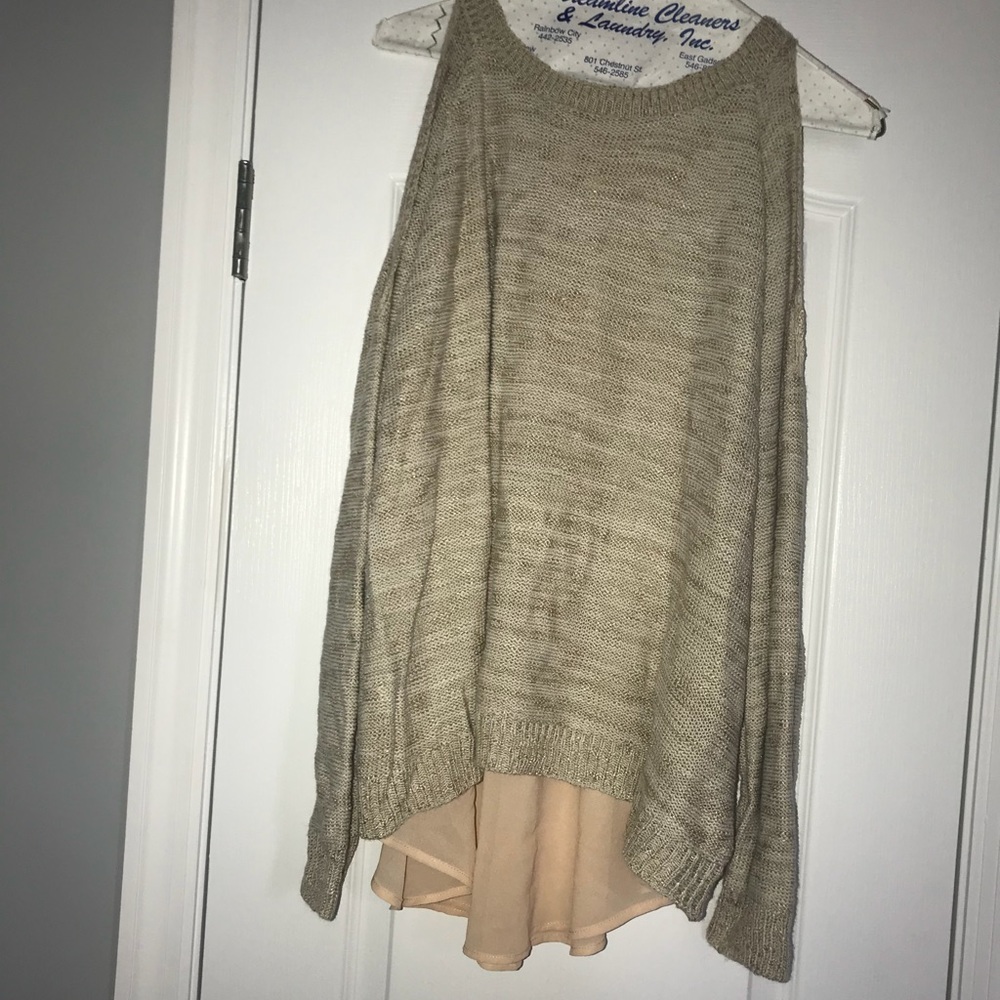 super cute light brownish cold shoulder sweater